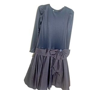 Vintage 80s  Black After Dark‎ Satin Drop Waist Bow Dress Formal Bow Holidays 10